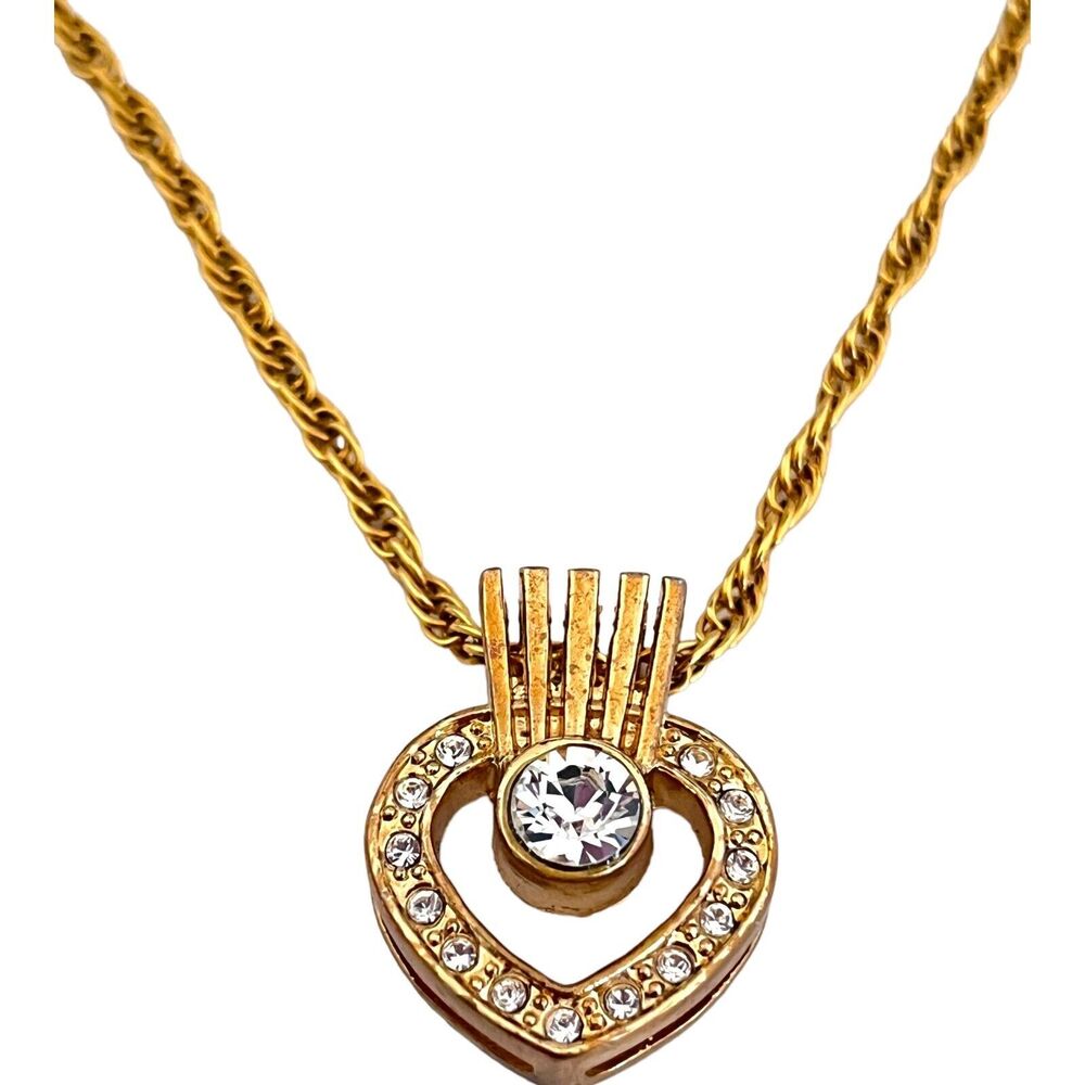 Vintage 1980s Crown Heart Pendant Necklace CZ Crystal Gold Tone - 6X